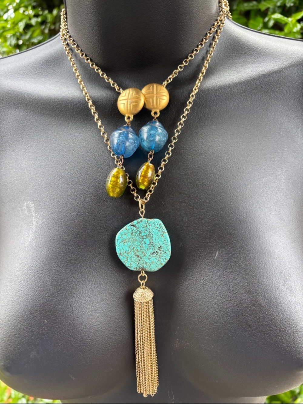 Bundle Layered Turquoise & Gold Pendant Necklace with Beautiful Beaded Earrings